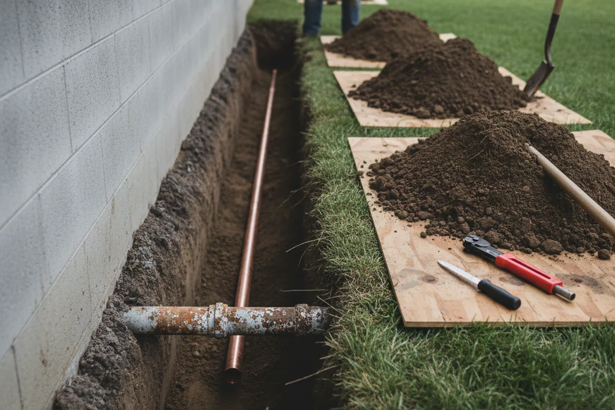 Excavated water line trench during Sewer Line Repair in Mahanoy Plane